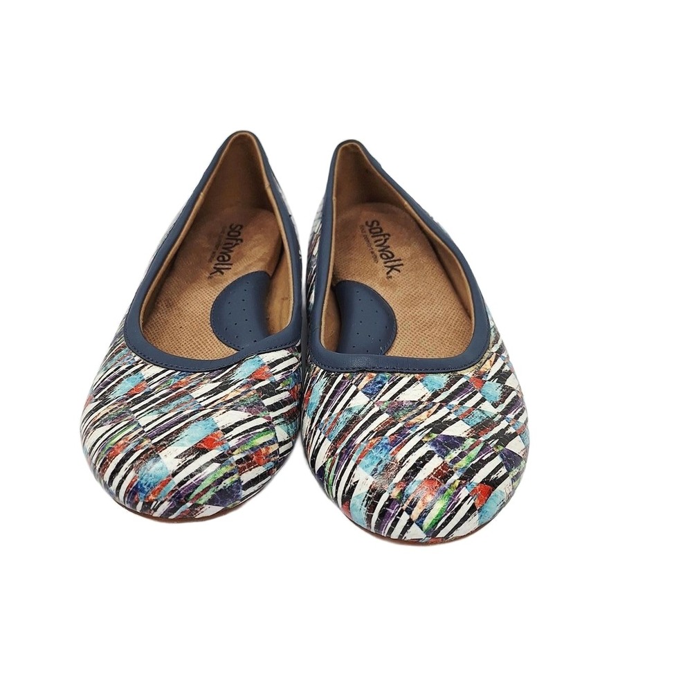 SoftWalk Womens Multi Color Geometric Striped Comfort Ballet Flats Blue Trim 8.5